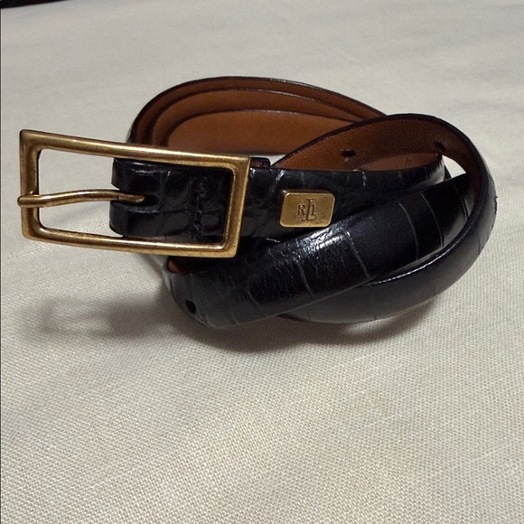 Ralph Lauren Woman’s Black Croc-Embossed Leather Belt, Gold Hardware Size Large. main image 9